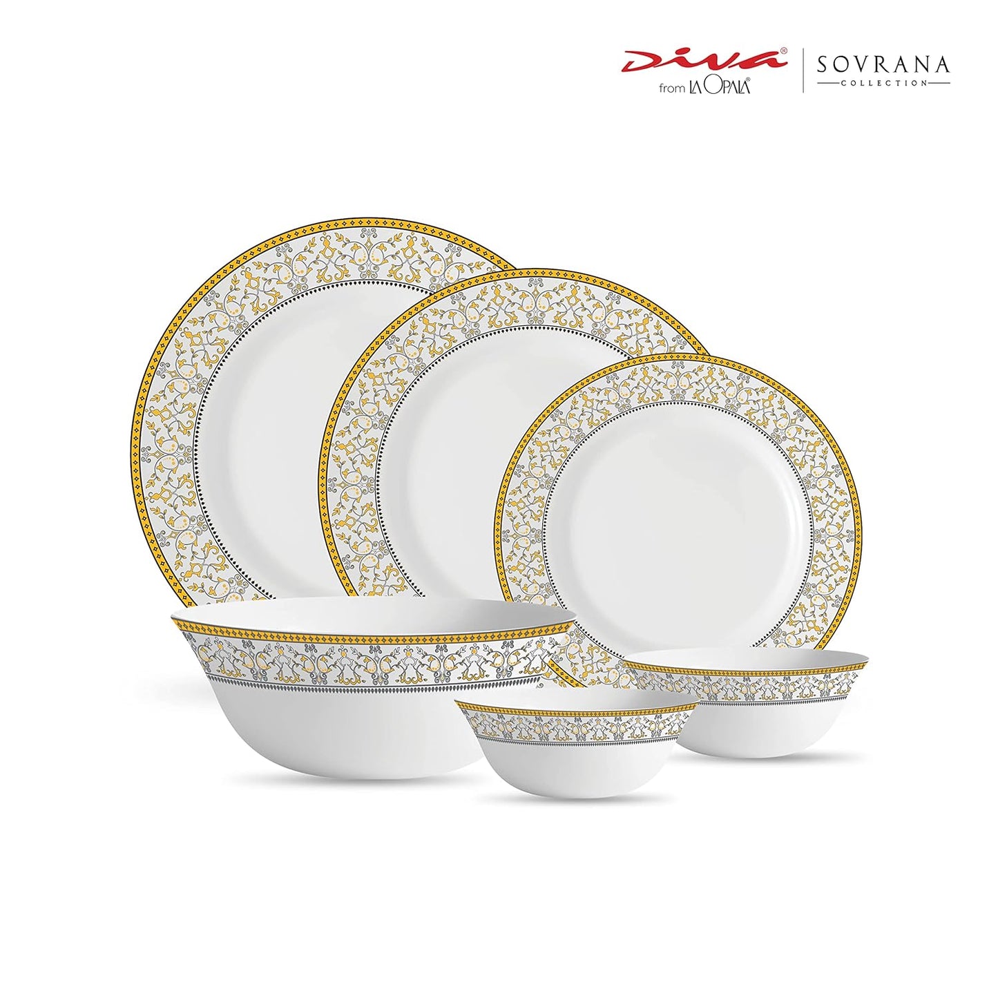 La Opala Diva, Sovrana Collection, Opal Glass Dinner Set 27 pcs, Moroccan Gold, White