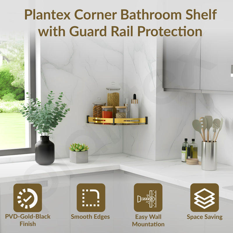 Plantex Bathroom Corner Rack for Wall/Stainless Steel Shelf for Bathroom Corner with Railings/Bathroom Accessories Holder (12x12 inches, PVD Gold & Black)-4