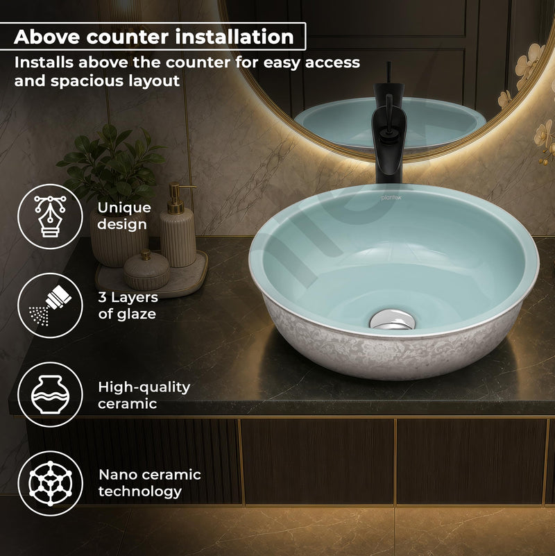 Plantex Ceramic Round Basin for Bathroom/ Table Top Basin/ Washbasin for Bathroom/ Restaurant/Hotel (16.5 x 16.5 x 6 Inch)-2