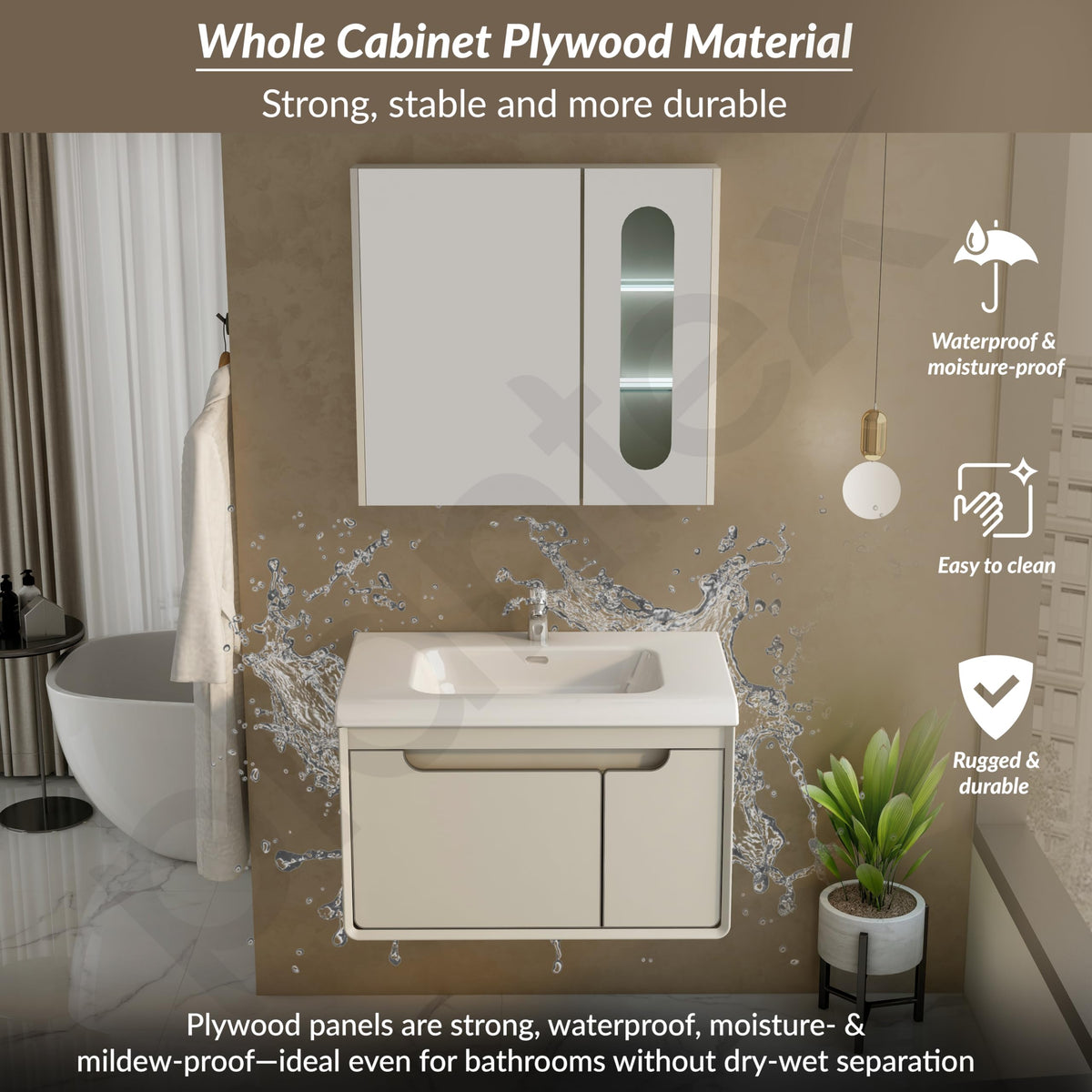 Plantex Unbreakable Wall Mount Wash Basin with Cabinet Full Set/Plywood Bathroom Vanity with Mirror, Coupling & Cabinet Motion Sensor Light (NZBC-35 - Beige)-2