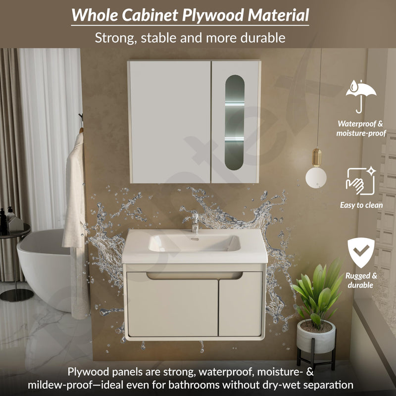 Plantex Unbreakable Wall Mount Wash Basin with Cabinet Full Set/Plywood Bathroom Vanity with Mirror, Coupling & Cabinet Motion Sensor Light (NZBC-35 - Beige)-2