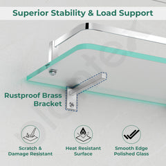 Plantex Premium Frosted Glass Shelf for Bathroom/Kitchen/Living Room with Brass Railings and Brackets - Bathroom Accessories (18x6 Inches - Chrome) - Pack of 1-3