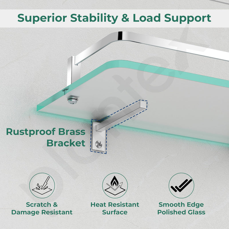 Plantex Premium Frosted Glass Shelf for Bathroom/Kitchen/Living Room with Brass Railings and Brackets - Bathroom Accessories (18x6 Inches - Chrome) - Pack of 1-3