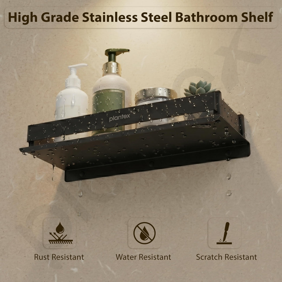 Plantex Stainless Steel Bathroom Shelf/Rack/Bathroom Organizer with Drill/Kitchen Storage Shelf/Wall Mounted Washroom Accessories (Matt Black - 12x5 inches)-2