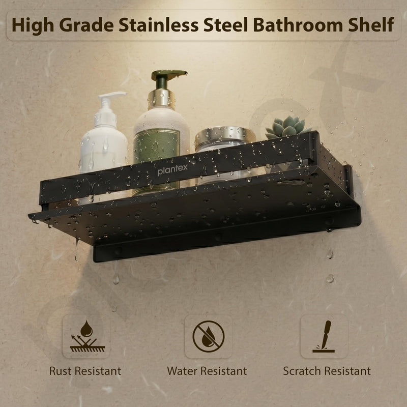 Plantex Stainless Steel Bathroom Shelf/Rack/Bathroom Organizer with Drill/Kitchen Storage Shelf/Wall Mounted Washroom Accessories (Matt Black - 12x5 inches)-2