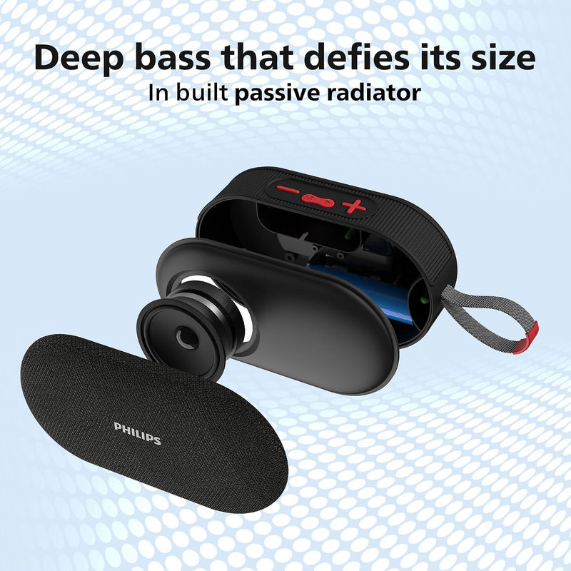 Philips Audio TAS1400BK Wireless Bluetooth Speaker with Deep Bass, Passive Radiator, 12W Sound Output