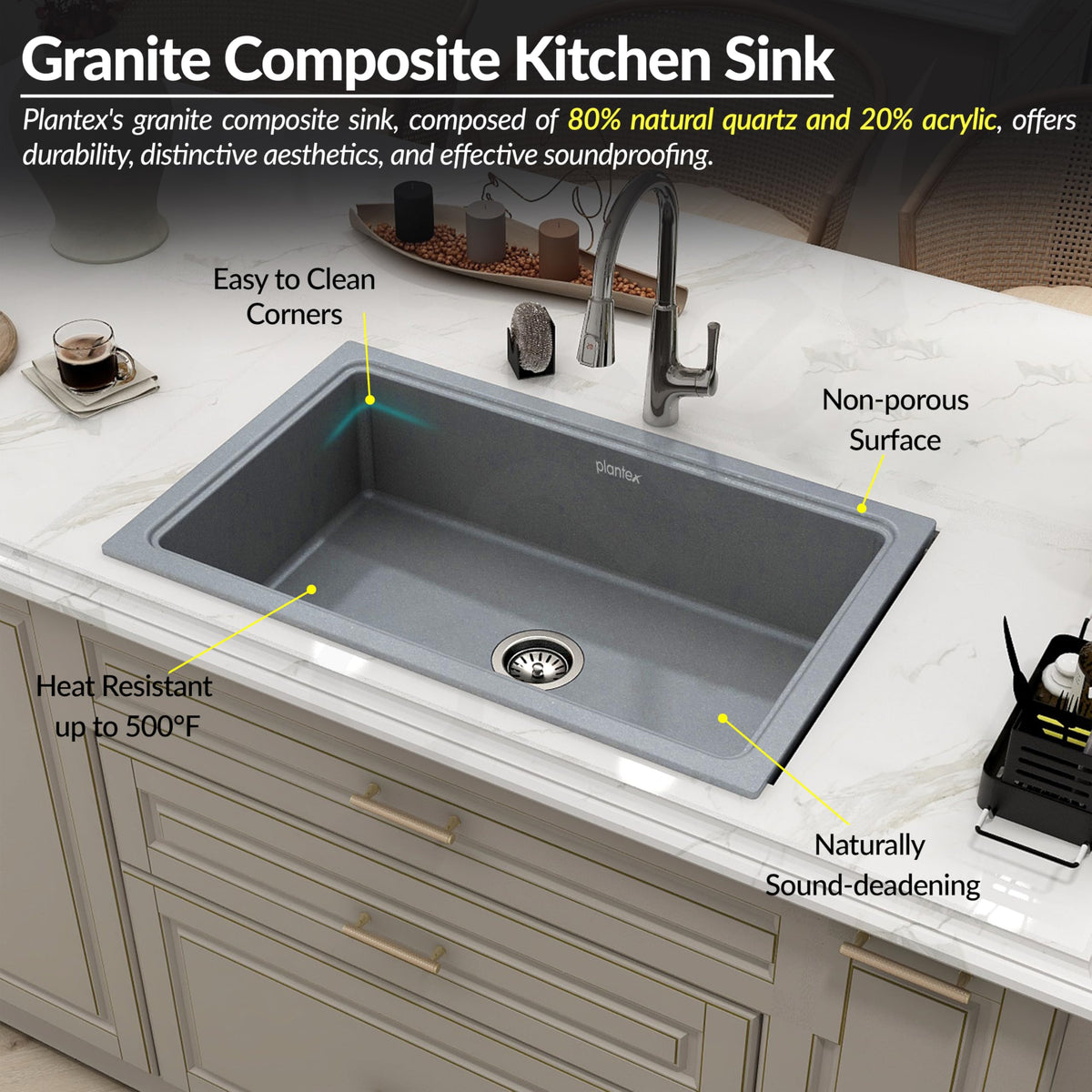 Plantex Metallic Quartz Acrylic Kitchen Sink With 10 Years Warranty /Undermount Sink For Kitchen/Metalic Single Bowl Kitchen Sinks With Coupling (Lintus 32X20 Inches),Grey-6