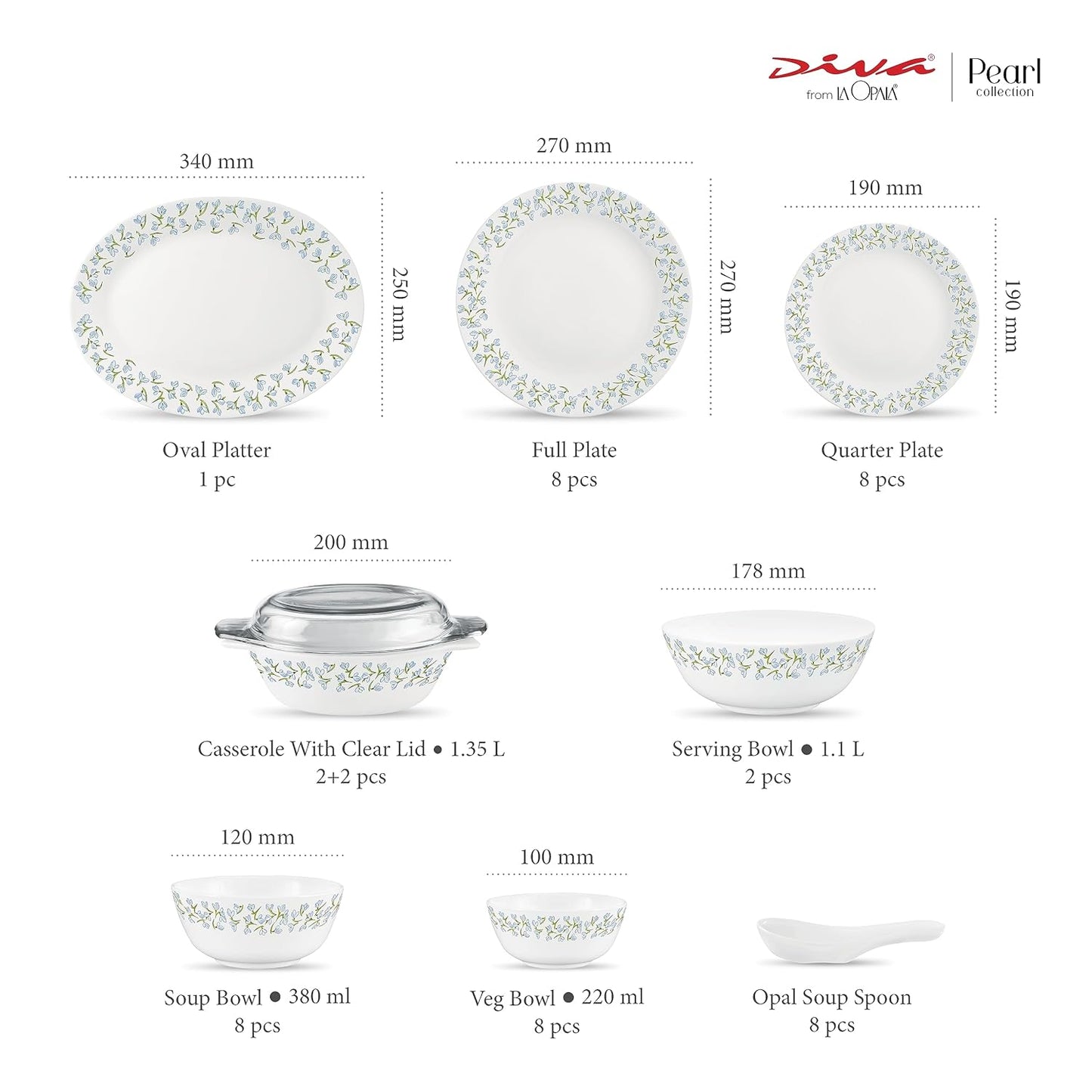 Diva by La Opala, Pearl Collection, Opal Glass Dinner Set 47 pcs, Silky Cluster, White