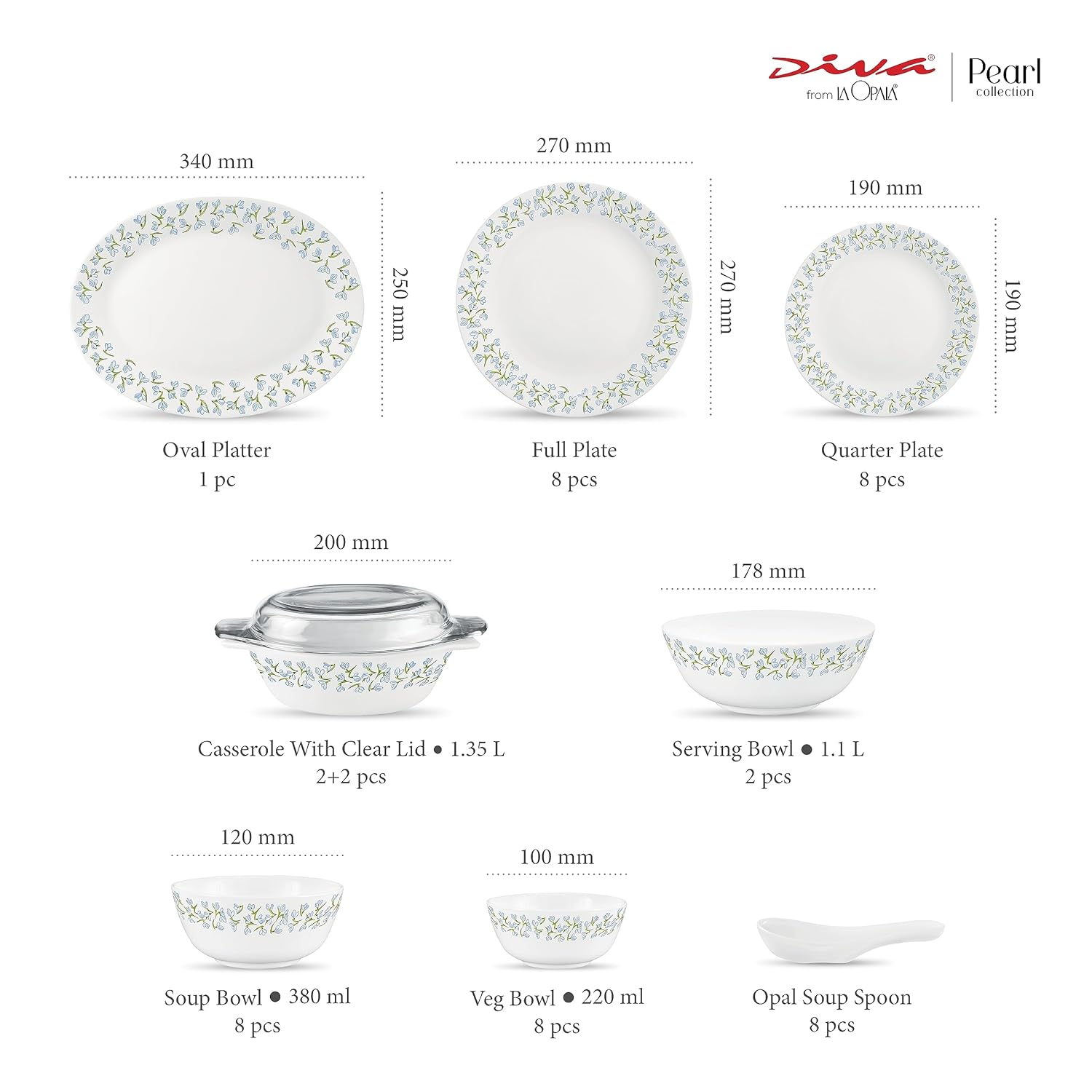 Diva by La Opala, Pearl Collection, Opal Glass Dinner Set 47 pcs, Silky Cluster, White