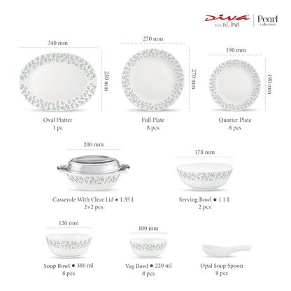 Diva by La Opala, Pearl Collection, Opal Glass Dinner Set 47 pcs, Silky Cluster, White
