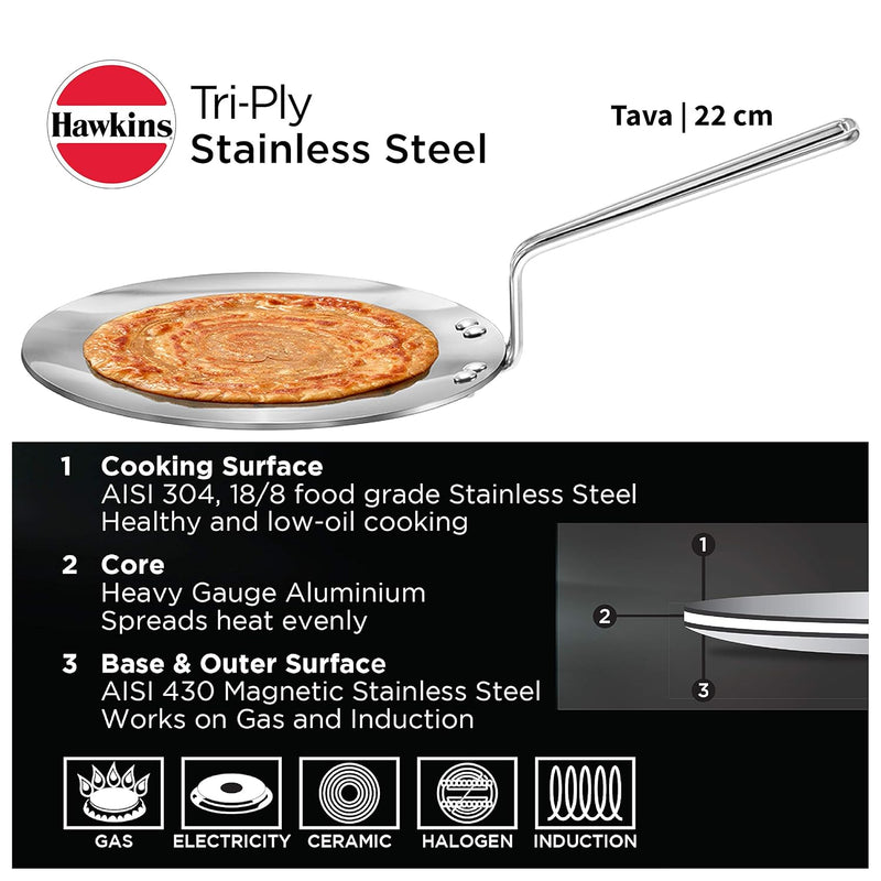 Hawkins Tri-Ply Stainless Steel Tava 22 cm, 3.5mm Induction Compatible