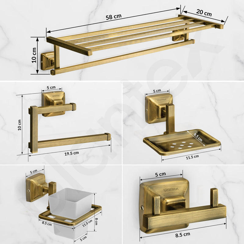 Plantex 304 Grade Stainless Steel Bathroom Accessories Set of 5 - Towel Stand/Napkin Ring/Soap Dish/Toothbrush Holder/Robe Hanger - Squaro (Brass Antique)-2