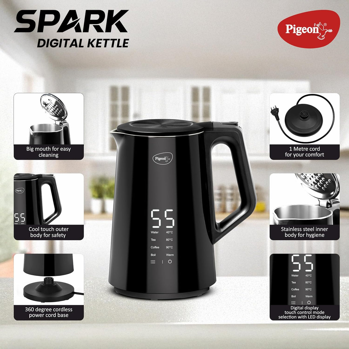Pigeon Spark Digital Kettle 1500 Watt, 1.5 L with Stainless Steel Body, Used for Boiling Water and Milk, Tea, Coffee, Oa