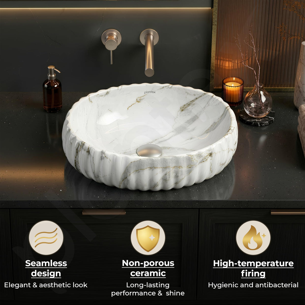 Plantex Ceramic Basin for Bathroom/Table Top Ceramic Basin/Washbasin for Bathroom (Marble Finish - 19.5 x 14 x 6 Inch)-5