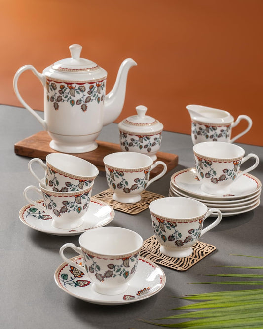 Clay Craft Fine Ceramic Tea Set of 15-1 Tea Pot with Lid +6 Cups+6 Saucers +1 Milk Pot + 1 Sugar Pot (Georgian Super S369)