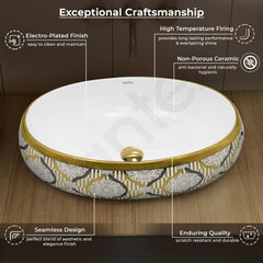 Plantex Tabletop Wash Basin for Bathroom/Designer Ceramic Basin/Vessel Sink Basin for Home/Office/Hotel (23.5 x 16 x 7 Inch - White & Gold)-4