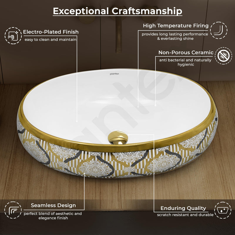 Plantex Tabletop Wash Basin for Bathroom/Designer Ceramic Basin/Vessel Sink Basin for Home/Office/Hotel (23.5 x 16 x 7 Inch - White & Gold)-4