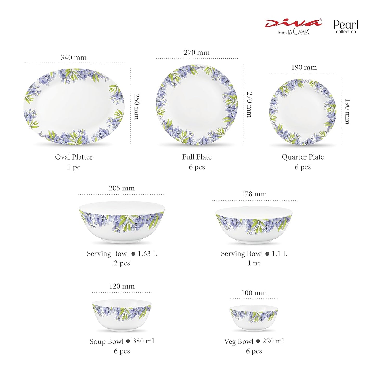 Diva by La Opala, Pearl Collection, Opal Glass Dinner Set 28 pcs, Lively Hues, White