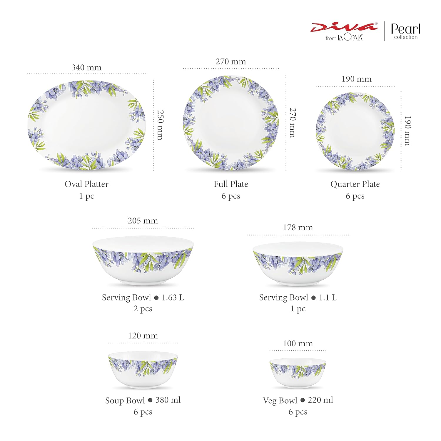 Diva by La Opala, Pearl Collection, Opal Glass Dinner Set 28 pcs, Lively Hues, White
