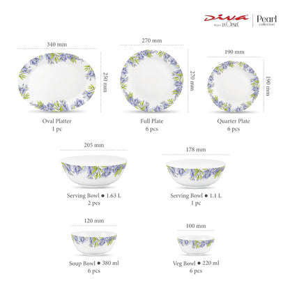 Diva by La Opala, Pearl Collection, Opal Glass Dinner Set 28 pcs, Lively Hues, White