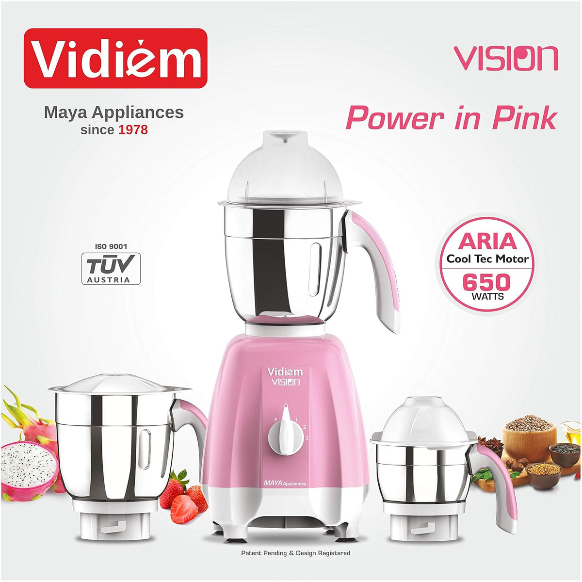 Vidiem Vision 580 A Mixer Grinder 650W with 3 Leakproof Self-Lock Jars (Pink)