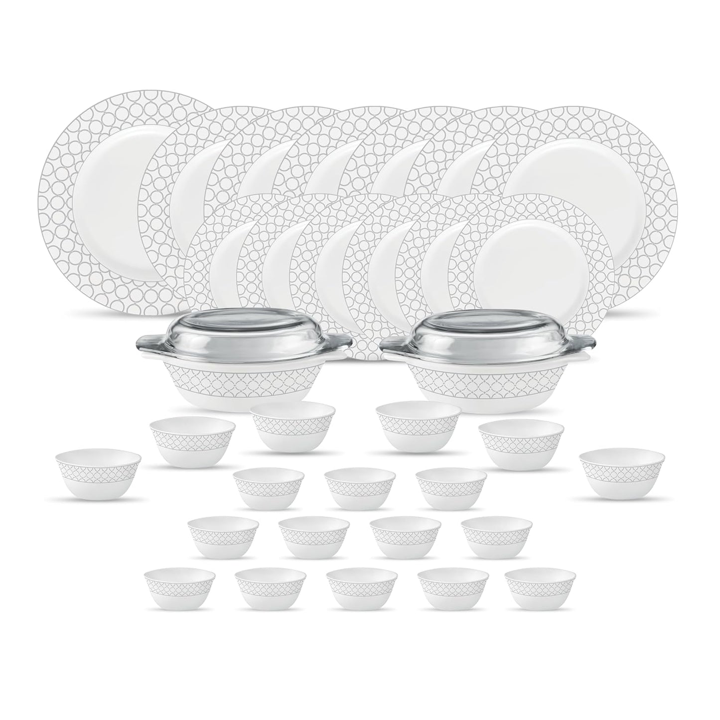 La Opala Diva Velvett Collection Opal Glass Crockery | for Family of 6 | Dinner Set 35 pcs Pearl Grey | Plates & Bowls for Dining | Microwave Safe | 100% Vegetarian | Extra Strong | Light & White