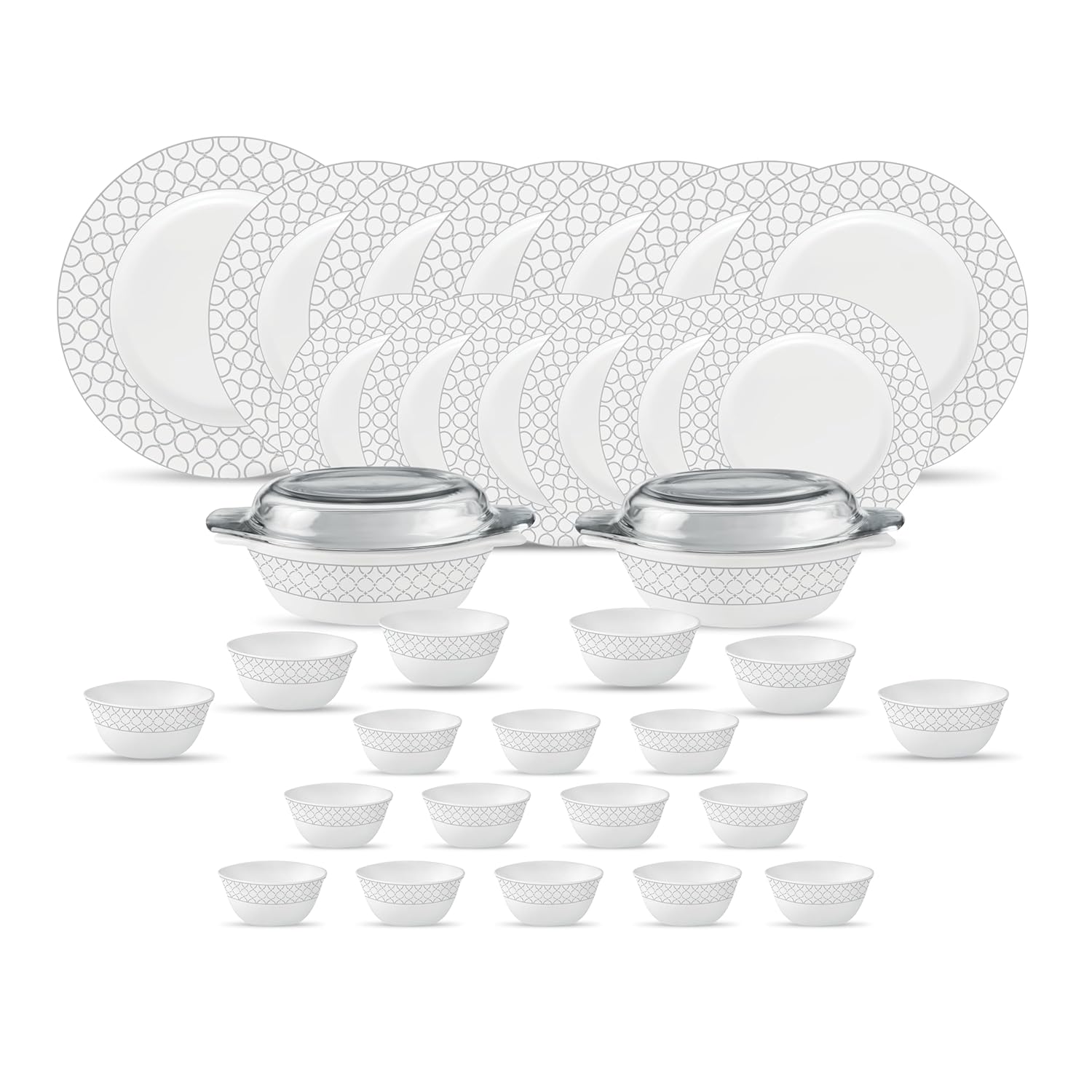 La Opala Diva Velvett Collection Opal Glass Crockery | for Family of 6 | Dinner Set 35 pcs Pearl Grey | Plates & Bowls for Dining | Microwave Safe | 100% Vegetarian | Extra Strong | Light & White