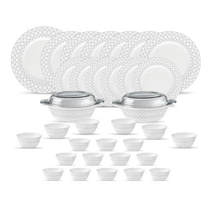 La Opala Diva Velvett Collection Opal Glass Crockery | for Family of 6 | Dinner Set 35 pcs Pearl Grey | Plates & Bowls for Dining | Microwave Safe | 100% Vegetarian | Extra Strong | Light & White