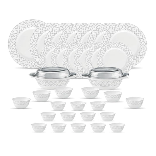 La Opala Diva Velvett Collection Opal Glass Crockery | for Family of 6 | Dinner Set 35 pcs Pearl Grey | Plates & Bowls for Dining | Microwave Safe | 100% Vegetarian | Extra Strong | Light & White