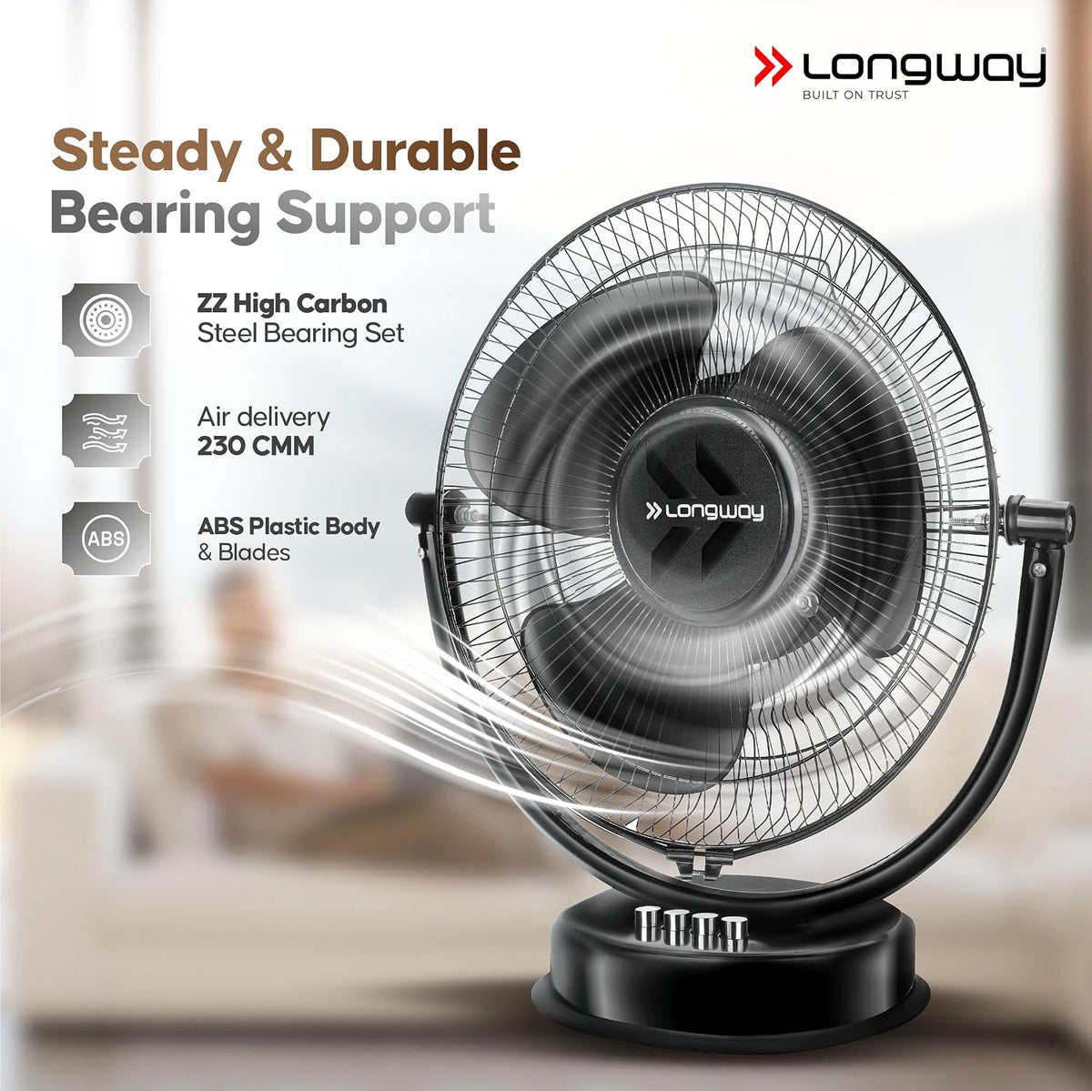 LONGWAY Speedy P1 300 mm/12 inch Ultra High Speed 3 Blade Anti-Dust Decorative Star Rated Table Fan (Black)-5