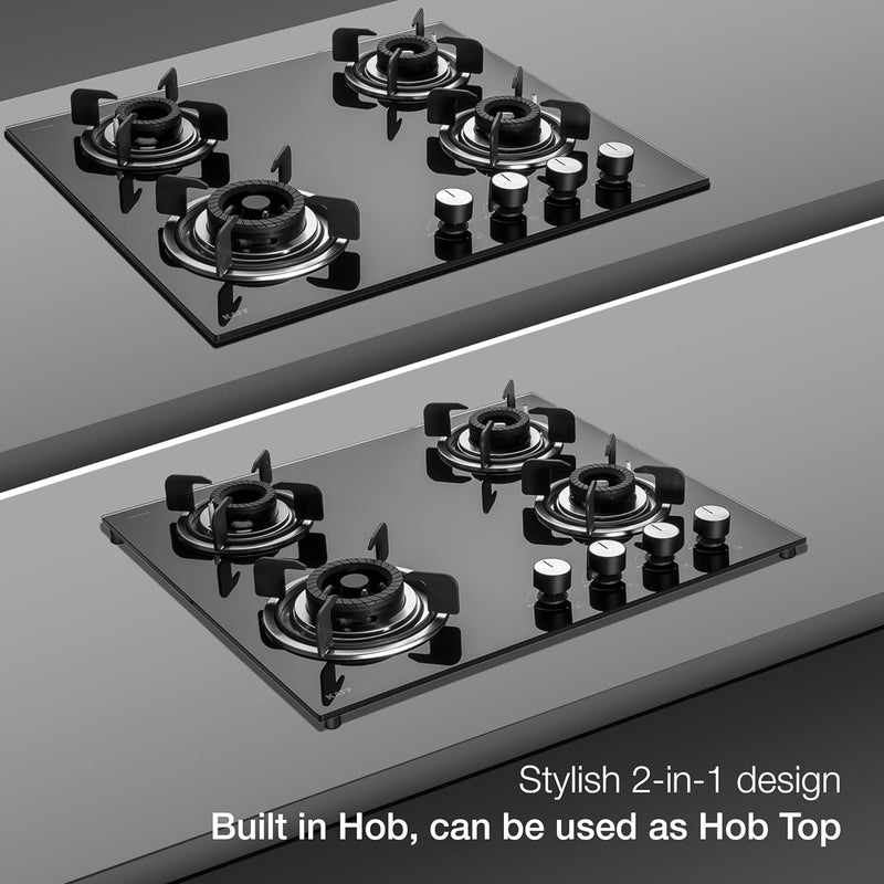 KAFF 4 Burners Open Built-In Hob & Hobtop For Modular Kitchen -8 MM|Auto Electric Ignition Glass Top|Tornado Style Burners| Enamelled Matt Finish, Easy Grip Knobs, Toughened Glass (Black,80CM)