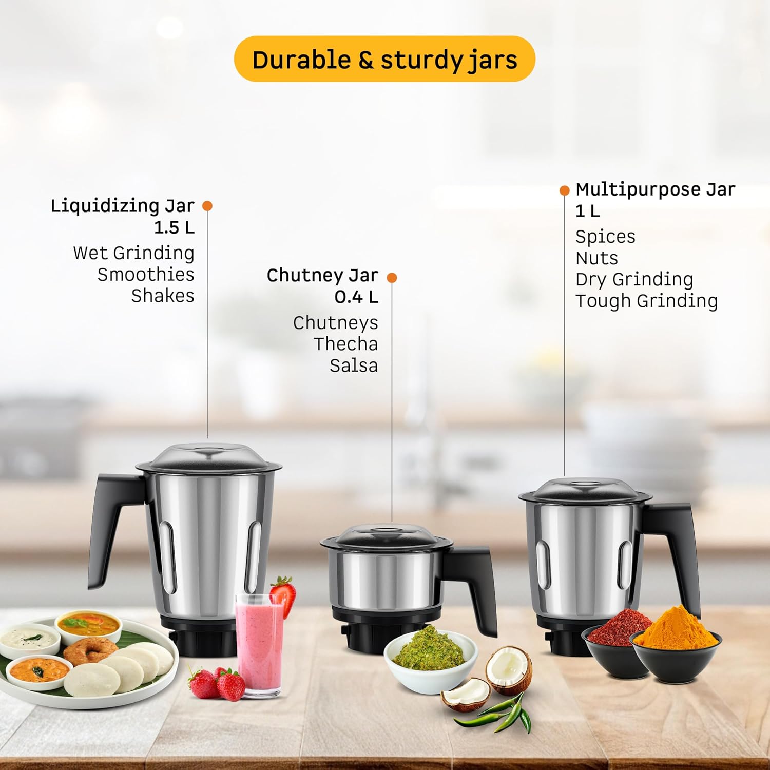 Atomberg Xiana 750 Watt Mixer Grinder | 3 Multipurpose Stainless Steel Jars | Coarse Mode for Silbatta-like Textures | Powerful Intelligent Motor | Easy Fault LED Indication | Gloss Black