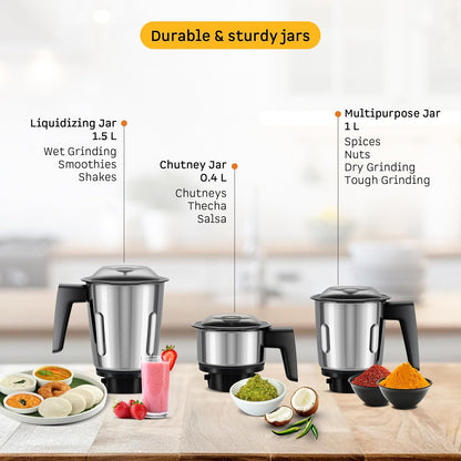 Atomberg Xiana 750 Watt Mixer Grinder | 3 Multipurpose Stainless Steel Jars | Coarse Mode for Silbatta-like Textures | Powerful Intelligent Motor | Easy Fault LED Indication | Fiery Red