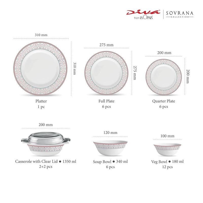 La Opala Diva Sovrana Collection Opal Glass Crockery | for Family of 6 | Dinner Set 35 pcs Moroccan Pink | Plates & Bowls for Dining | Microwave Safe | 100% Vegetarian | Extra Strong | Light & White
