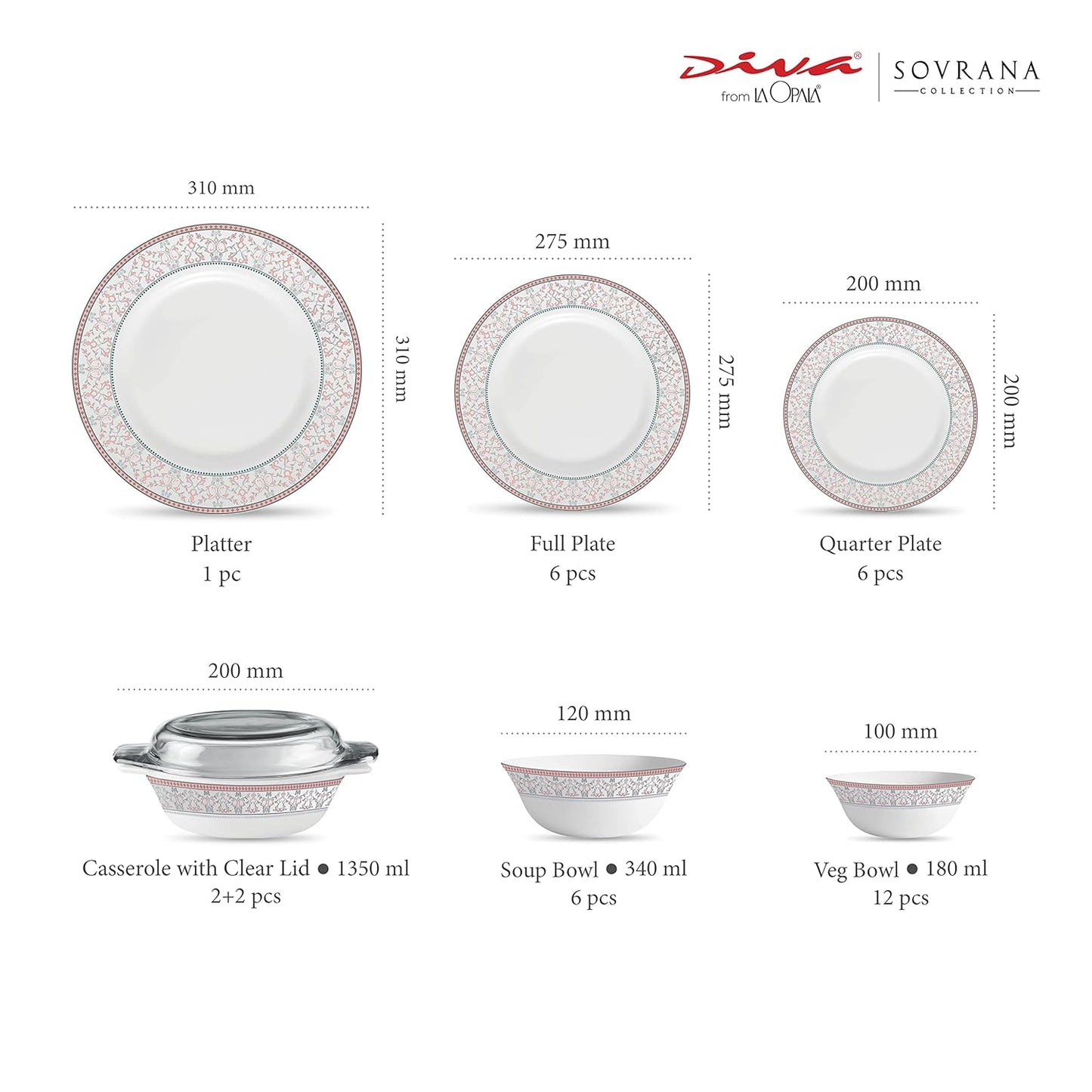 La Opala Diva, Sovrana Collection, Opal Glass Dinner Set 35 pcs, Moroccan Pink, White