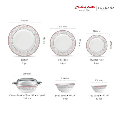 La Opala Diva, Sovrana Collection, Opal Glass Dinner Set 35 pcs, Moroccan Pink, White