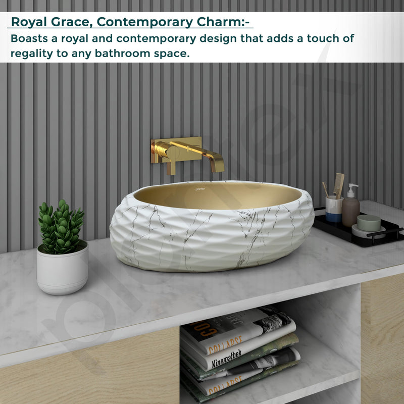 Plantex Table Top Wash Basin For Bathroom/Designer Ceramic Basin/Countertop Vessel Sink Basin - Indo-European Collection (White & Gold - 24 x 16 x 7 Inch)-2