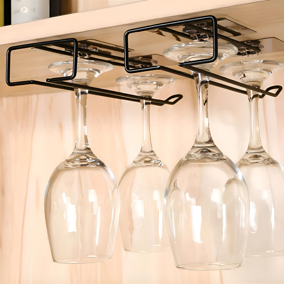 Plantex Self-Adhesive Wine Glass Holder Rack/Under Cabinet Bar Glass Hanging Holder/Stemware Organizer for Kitchen/Home Bar/Pubs/Restaurants (Black, Pack of 2)