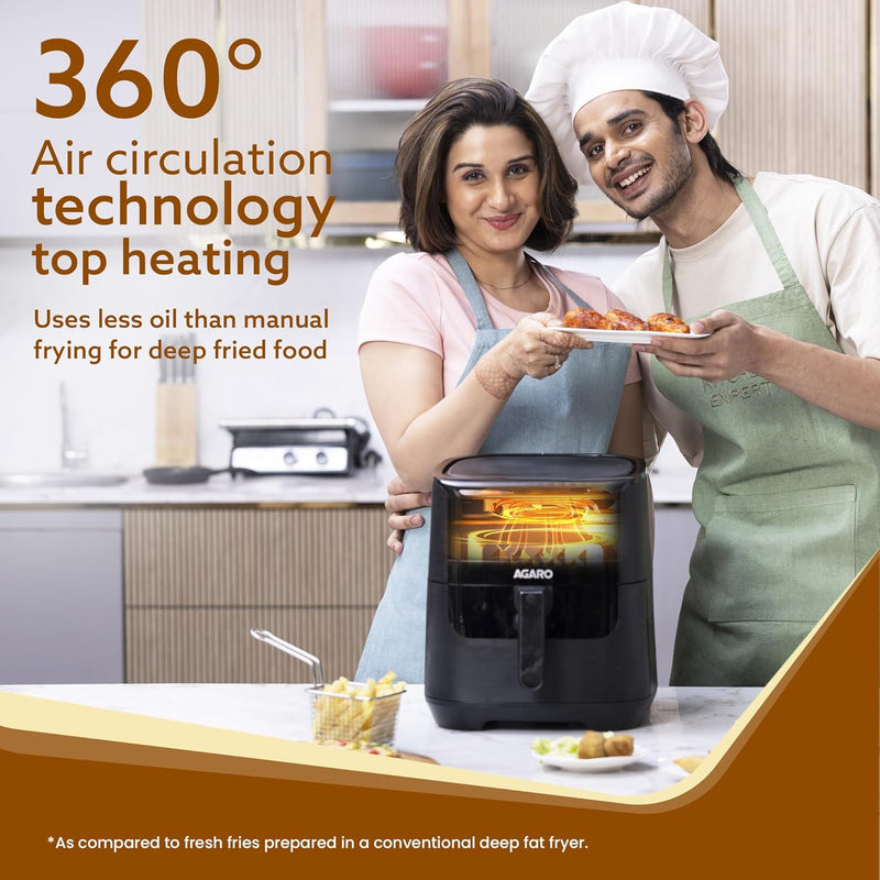 AGARO Elegant Air Fryer, 6.5L, 12 Preset Cooking Modes, 360 Degrees Air Circulation With Variable Temperature Settings, Frying, Grilling, Toasting, Roasting, 1800W, Black.