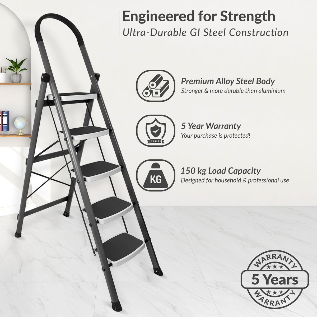 Plantex Steel 5 Step Ladder for Home/Wide Anti Skid 5 Step Ladder Foldable/5 Year Manufacturer Warranty By Plantex (Gray)-3