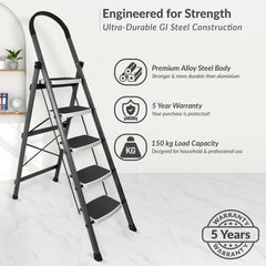 Plantex Steel 5 Step Ladder for Home/Wide Anti Skid 5 Step Ladder Foldable/5 Year Manufacturer Warranty By Plantex (Gray)-3