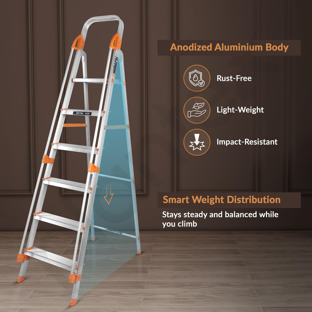 Plantex Secura 6 Step Aluminium Ladder for Home/Foldable Ladder with Safe Hand Rails/5 Year Manufacturer Warranty(Orange-Silver)-5