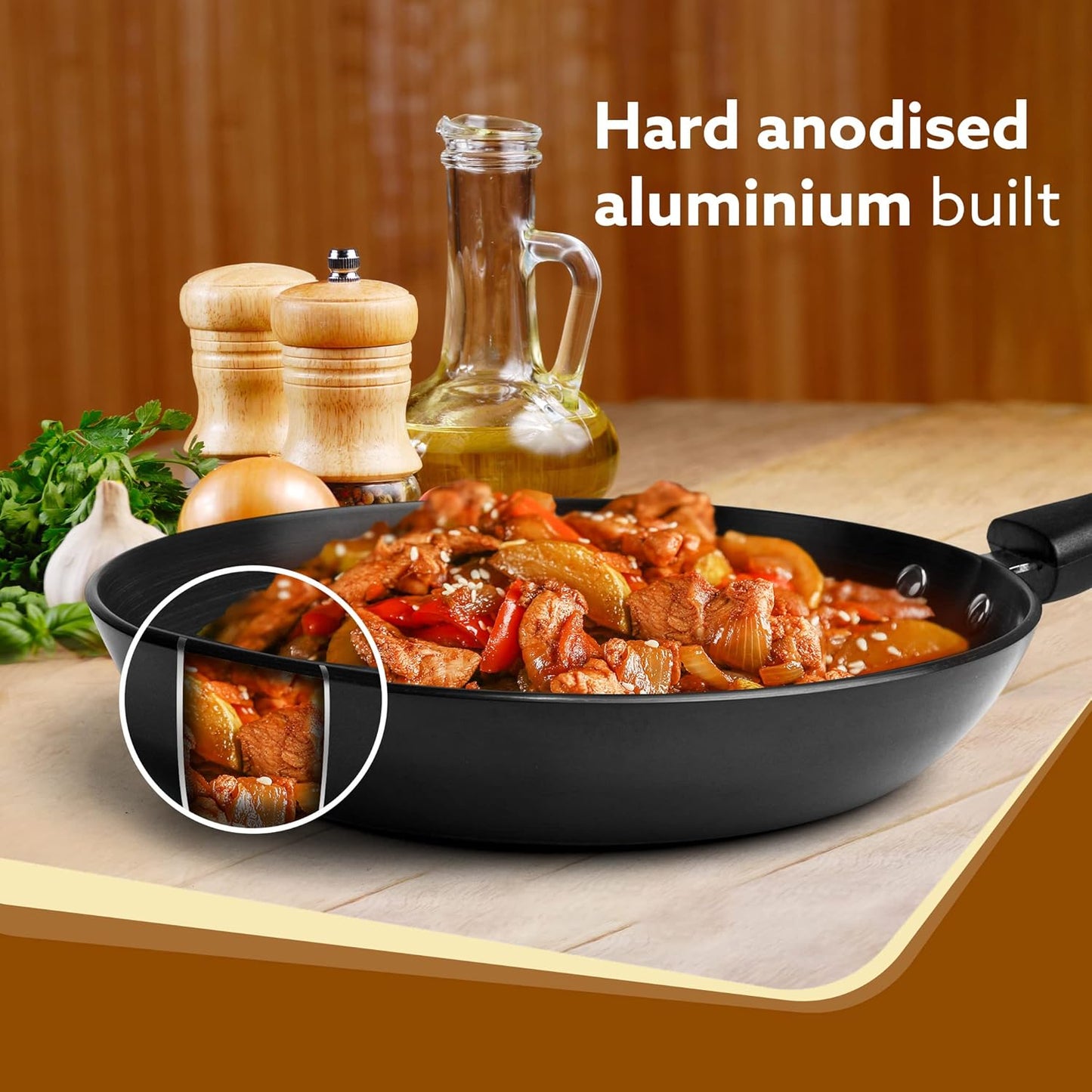 AGARO Elite Hard Anodised Tapper Frying Pan, 1.5L Capacity, 24 cm Diameter, Gas Oven Compatible, 3 mm Thick Plate, Riveted Handle, Frying, Cooking, Serving, Black