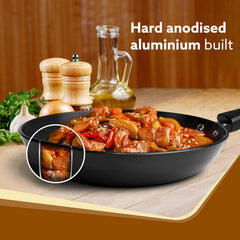 AGARO Elite Hard Anodised Tapper Frying Pan, 1.5L Capacity, 24 cm Diameter, Gas Oven Compatible, 3 mm Thick Plate, Riveted Handle, Frying, Cooking, Serving, Black