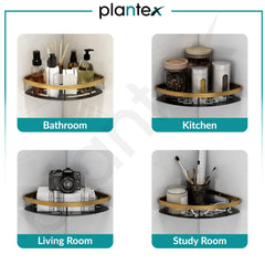 Plantex Corner Shelf for Bathroom Wall Mount/Aluminium Kitchen Corner Stand for Wall with Golden Railing & Magic Stickers/Bathroom Accessories Self Adhesive (9x9 inches, Gold & Black) - Pack of 2-4
