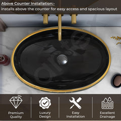 Plantex Black Wash Basin for Bathroom/Table Top Ceramic Basin/Oval Hand Wash Sink for Home/Hotel (23.5x16x6 Inch - Black&Gold)-5