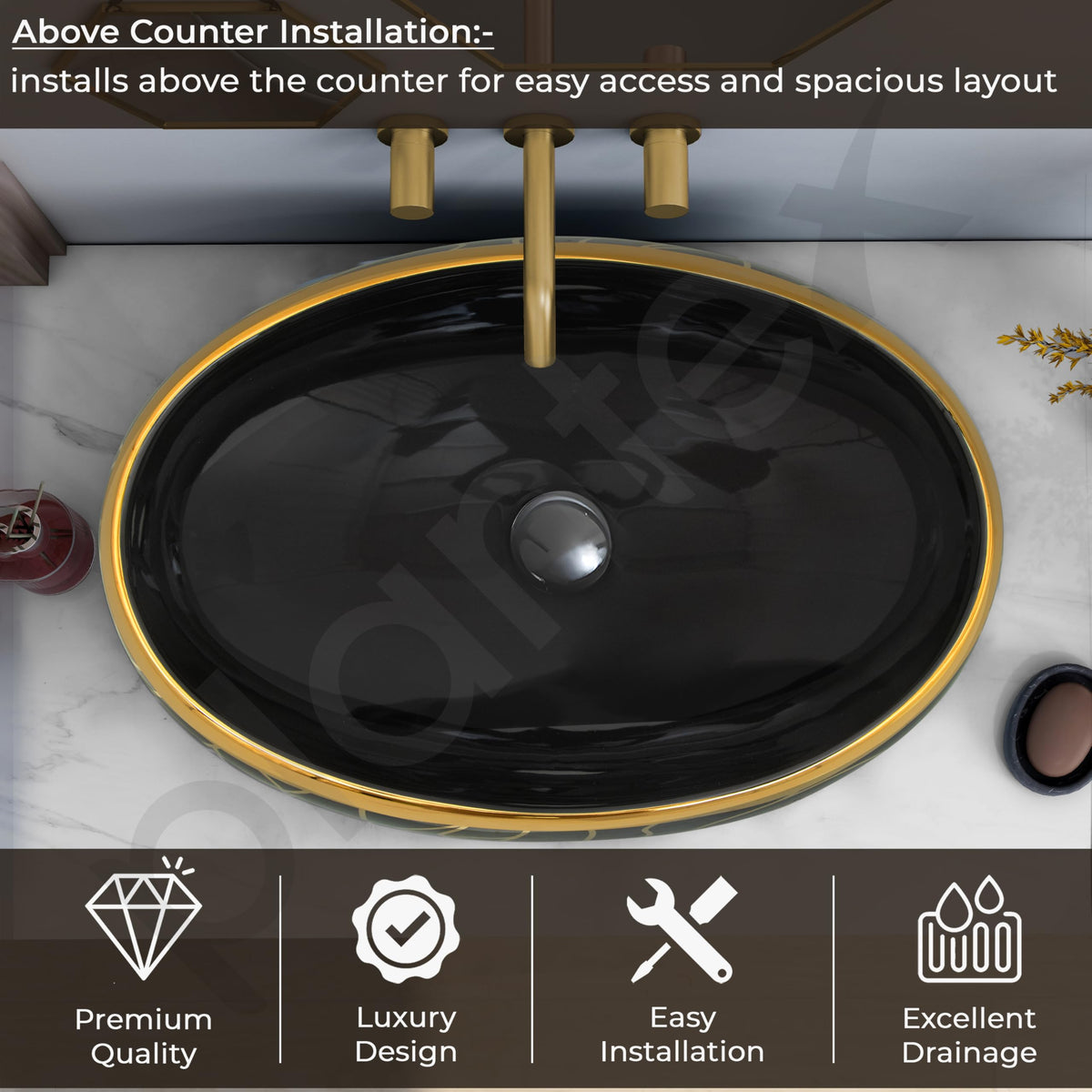 Plantex Black Wash Basin for Bathroom/Table Top Ceramic Basin/Oval Hand Wash Sink for Home/Hotel (23.5x16x6 Inch - Black&Gold)-5