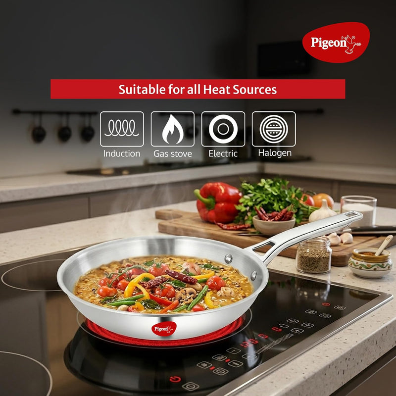 Pigeon Elite Stainless Steel Triply 4 Pcs Gift Set - 22cm (2L) Kadai, 22cm (1L) Frypan and 14cm (1.1L) Saucepan, Less Oi