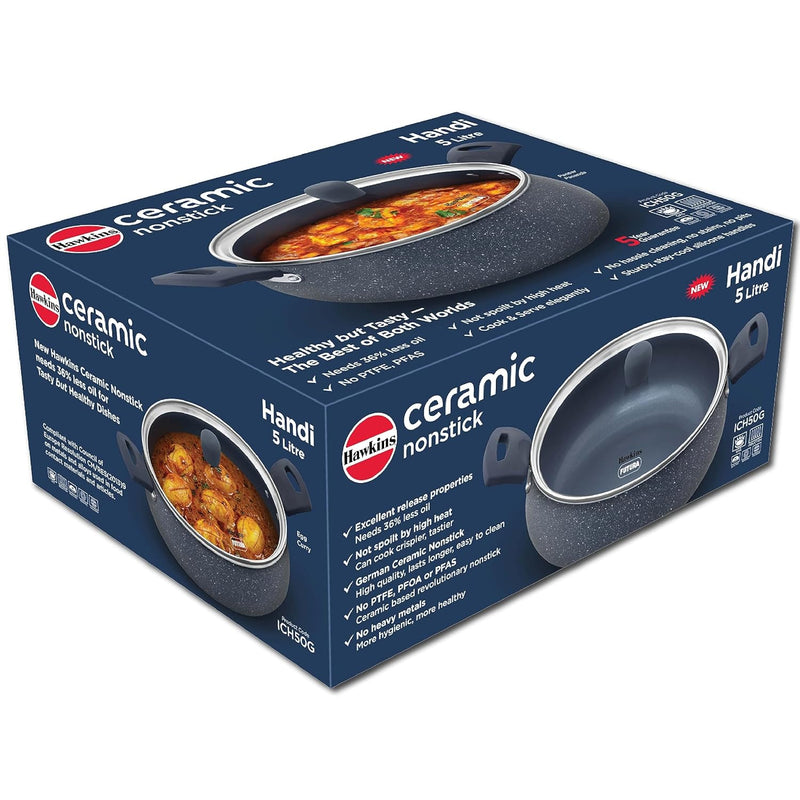 Hawkins Ceramic Nonstick Handi, 5 Litre, Induction Biryani Pot, Granite Casserole (ICH50G)