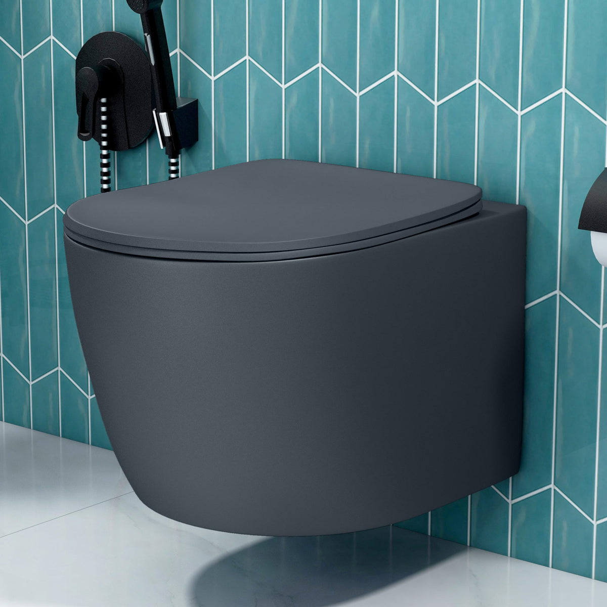 Plantex Imported Ceramic Wall Hung Commode/Rimless Washdown Flush Western Toilet/Commode with Soft Closing Toilet Seat - P Trap (Round - Matt Grey)-1